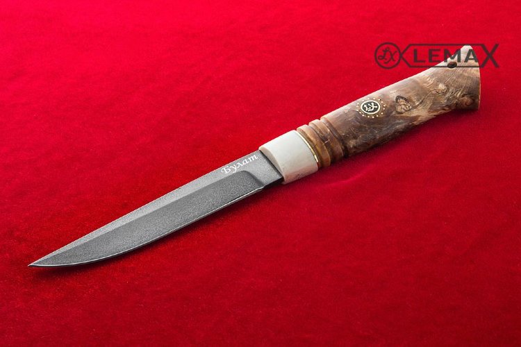 Нож  "Скандинавский"(тигельный сплав, кость, стабилизированная карельская берёза)