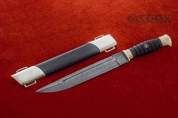 Пластунский нож из дамаска, чёрный граб, латунь, кожа.