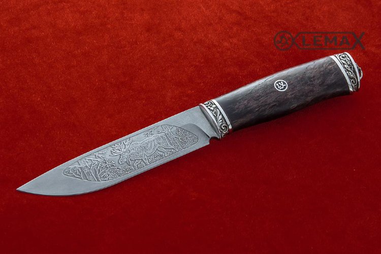 Ural knife (Bulat, deep etching, Nickel silver, stabilized Karelian birch)