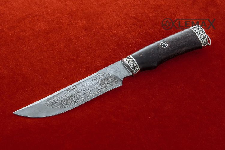 Taiga knife (Bulat, deep etching, Nickel silver, stabilized Karelian birch)