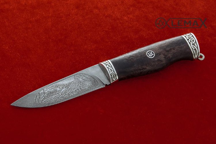Zasapozhny knife (Bulat, deep etching, Nickel silver, stabilized Karelian birch)