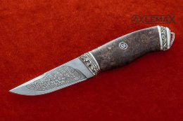 Small Zasapozhny knife (Bulat, deep etching, Nickel silver, stabilized Karelian birch)