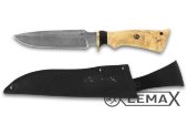 Нож Чибис дамаск, карельская берёза.  Лезвие имеет форму, которая позволяет резать, разделывать и дробить продукты, такие как мясо, рыба, овощи и фрукты