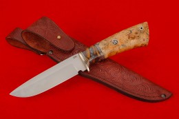 Нож Стрим (S 390, зуб мамонта в акриле, нейзильбер, стабил. кап клёна,мозаичный пин)