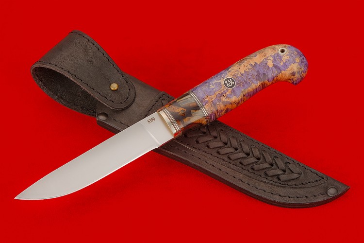 Нож "Скандинавский"-2 (S 390, зуб мамонта в акриле, нейзильбер, стабил. кап клёна, мозаичный пин)