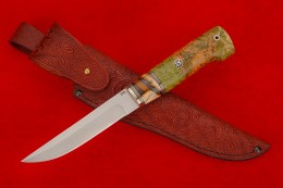 Нож Скандинавский из S 390, зуб мамонта в акриле, нейзильбер,  кап клёна, мозаичный пин.