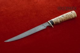 Нож Филейный большой дамаск, карельская берёза.