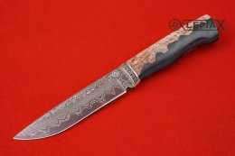 Ural Messer (laminiert Damaskus, Neusilber, stabilisierte karelische Birke, Acryl)