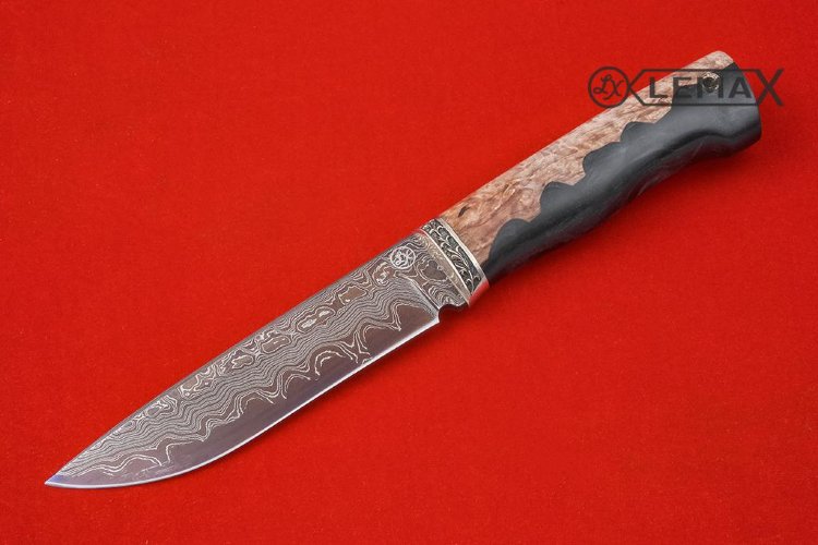 Нож Урал ламината дамаск, мельхиор, стабилизированная карельская берёза, акрил.