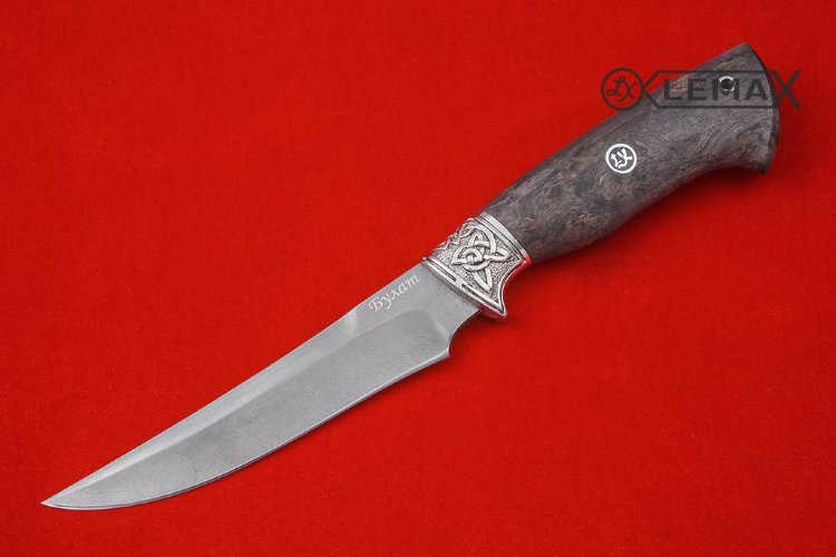 Нож Охотник 1 из булата, мельхиор, стабилизированная карельская берёза.