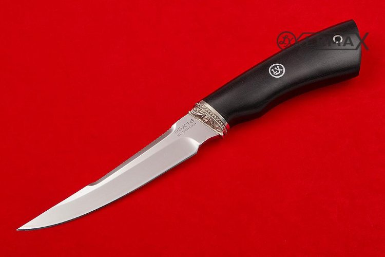 Нож Рыбак 2 из 95Х18, литье мельхиор, чёрный граб