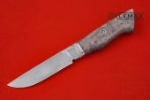 Нож Сталкер изготовлен из высококачественной булатной стали, стабилизированная карельская берёза, мельхиор.