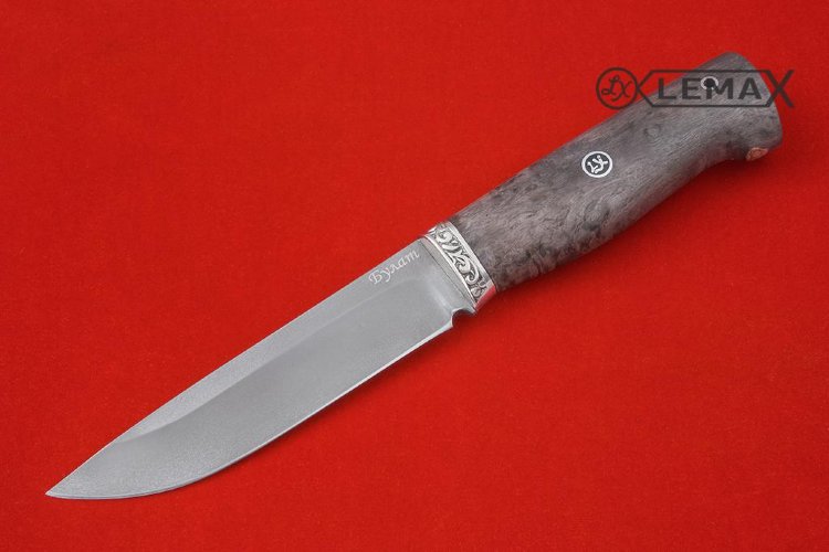 Нож Урал из булата, мельхиор, стабилизированная карельская берёза.