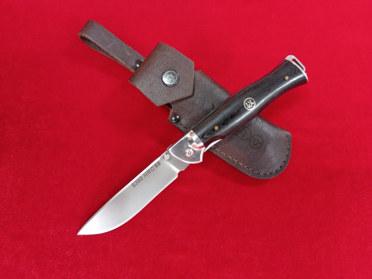 Нож складной Лемакс - 4 (сталь S-390, корпус - нержавейка, притин - дюраль, плашки - микарта) ручная работа
