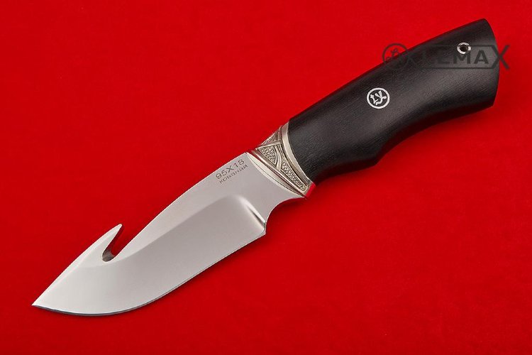 Нож Скиннер с крюком из 95Х18, мельхиор, чёрный граб