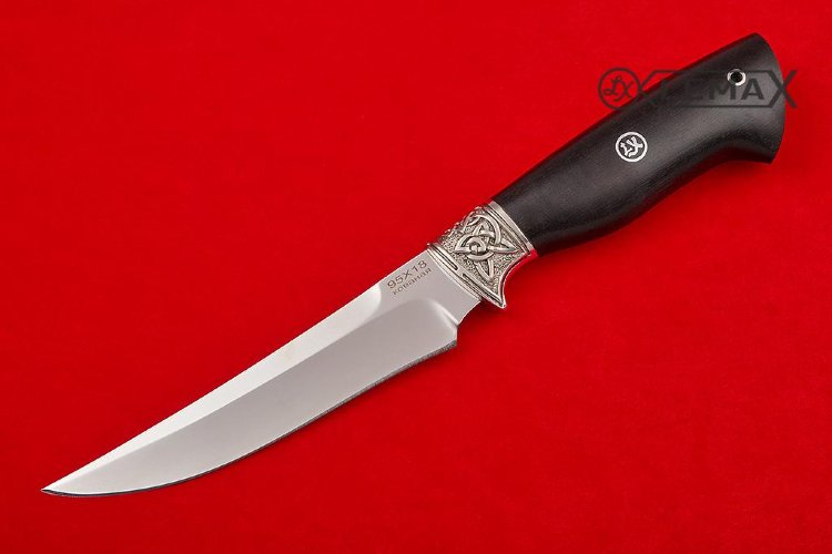 Нож Охотник М из 95Х18 кованная, литье мельхиор, чёрный граб.