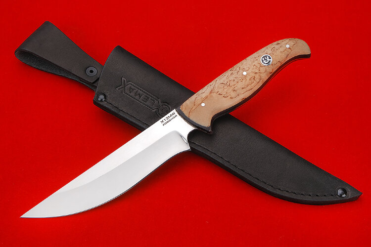 Нож Медвежий цельнометаллический из х12мф, карельская береза,чёрный граб. 