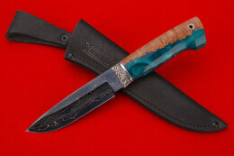 Tourist knife (blued laminate, Nickel silver, stabilized Karelian birch, acrylic) 