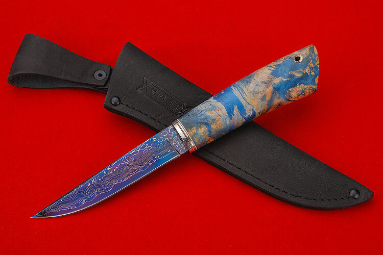Нож "Скандинавский" (синий ламинат, мельхиор, березовый кап-контурные карты) 